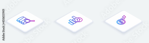 Set Isometric line Server, Financial growth and dollar. White square button. Vector