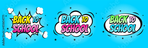 Set of stickers, icons, illustrations for banner, poster, advertising. Back to school text in pop art style, comics, cartoon. Color halftone. Isolated on a blue background. 