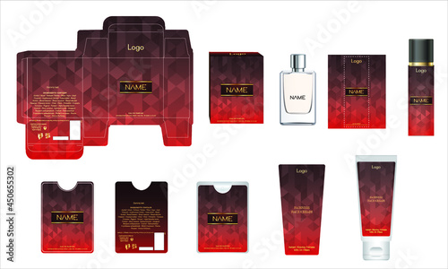 Packaging design, luxury perfume box, pocket perfume, deo design and face cream template and mock up box. Illustration vector.