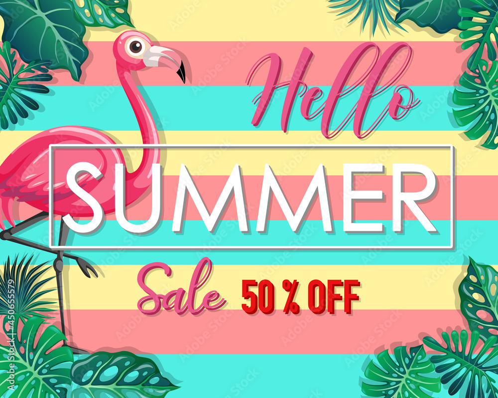 Hello Summer Sale banner with tropical leaves Hello Summer Sale banner with tropical leaves