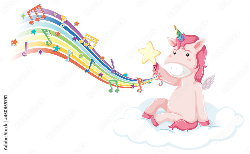 Pink unicorn sitting on the cloud with melody symbols on rainbow