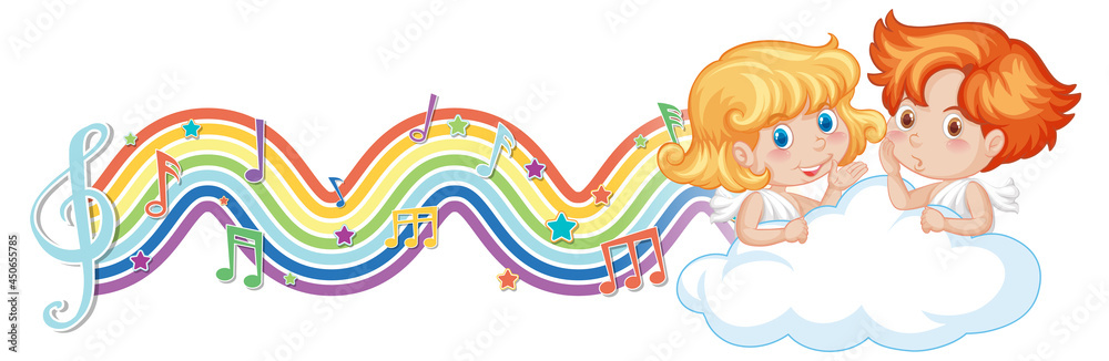 Cupid couple with melody symbols on rainbow wave Cupid couple with melody symbols on rainbow wave