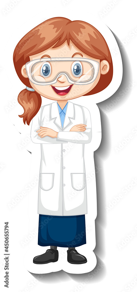 Cartoon character sticker with a girl in science gown Cartoon character sticker with a girl in science gown
