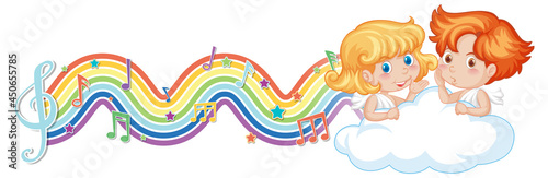Cupid couple with melody symbols on rainbow wave