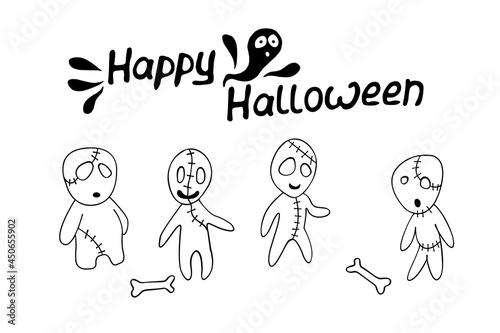 Vector cute zombies in cartoon style. Outline doodle illustration isolated on white background. Halloween elements of design