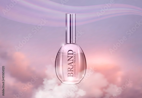 Vector illustration of a realistic glass perfume bottle on a background of the sky with clouds.