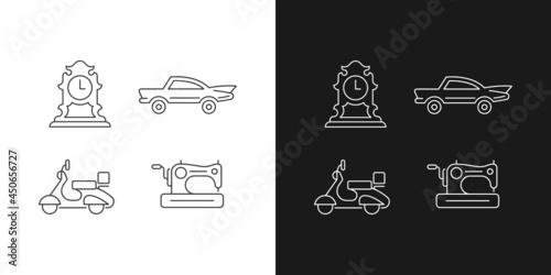 Retro collectables linear icons set for dark and light mode. Antique clock. Classic car. Vintage moped. Customizable thin line symbols. Isolated vector outline illustrations. Editable stroke