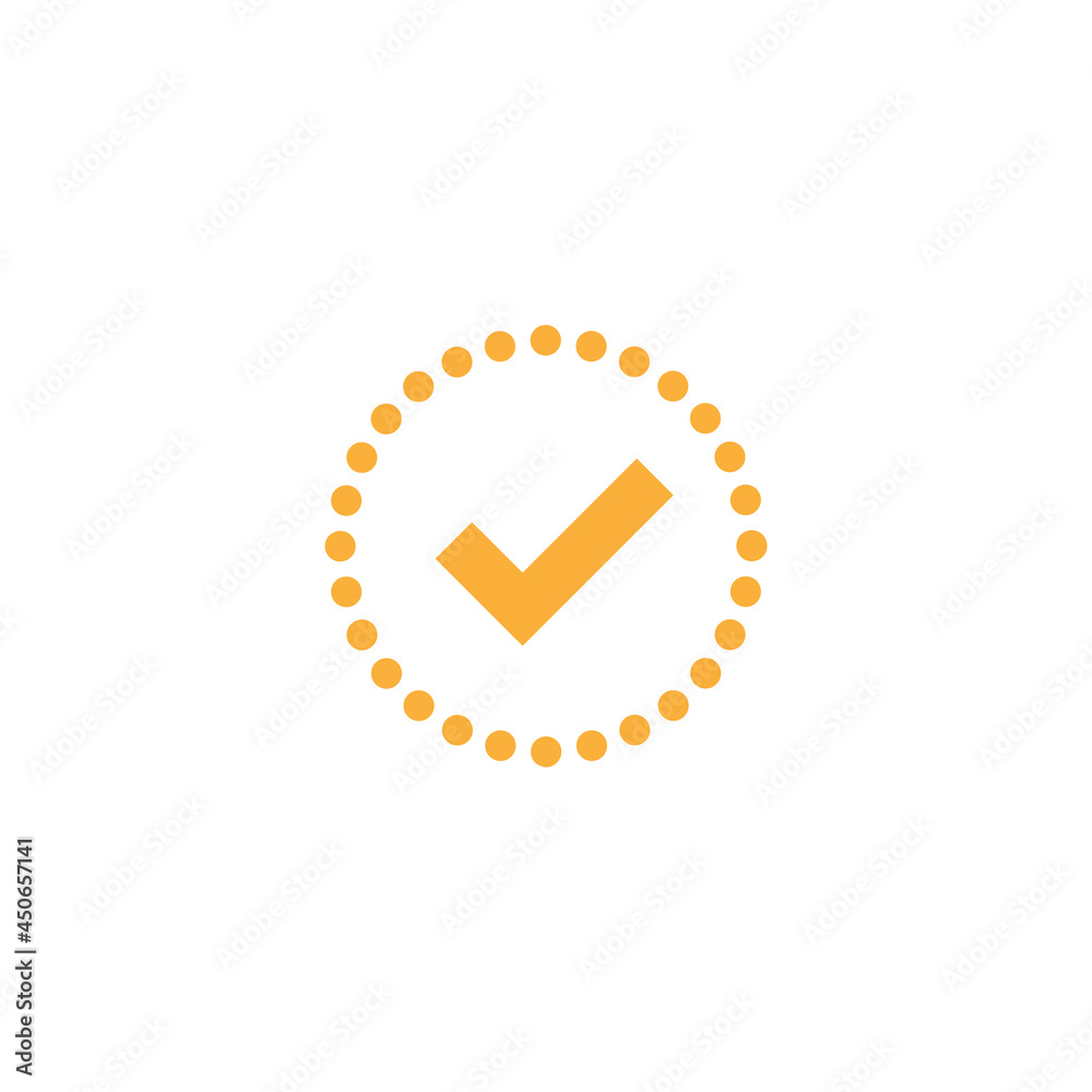 Check Mark. Valid Seal icon. Yellow rounded tick in circle made of dots. Flat OK sticker icon. Isolated on white. Check Mark. Valid Seal icon. Yellow rounded tick in circle made of dots. Flat OK sticker icon. Isolated on white.