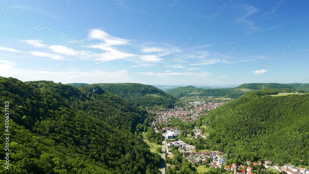 scenic landscape of a small town HonauBaden-Württemberg between green hills