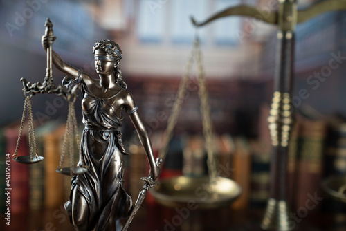 Law and justice concept. Law symbols composition: judge’s gavel, Themis  statue and scale.