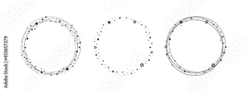 Holiday round frame with stars and glitter dots on white background.