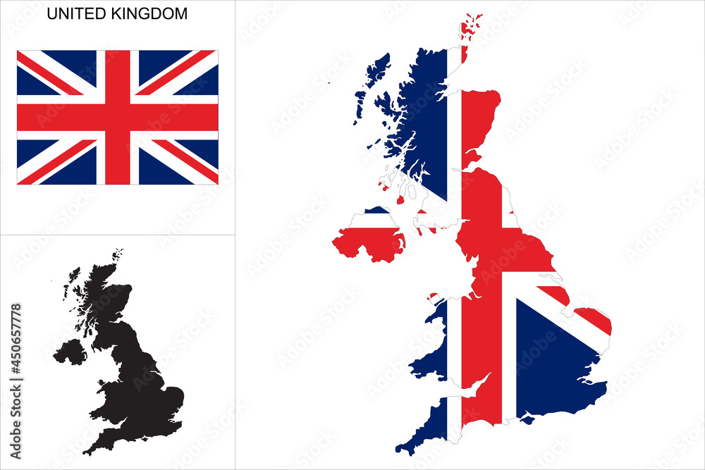 Carte du Royaume Uni avec fond drapeau britannique - Carte sous forme de motif noir et drapeau de la Grande-Bretagne disponibles séparément
