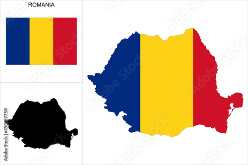Carte de la Roumanie avec fond drapeau roumain - Carte sous forme de motif noir et drapeau de la Roumanie disponibles séparément