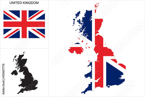 Carte du Royaume Uni avec fond drapeau britannique - Carte sous forme de motif noir et drapeau de la Grande-Bretagne disponibles séparément