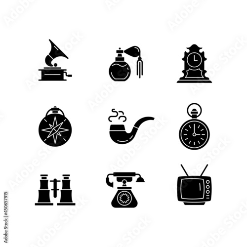 Retro items black glyph icons set on white space. Phonograph records. Vintage perfume. Tabletop clock. Compass. Smoking pipe. Field glasses. Silhouette symbols. Vector isolated illustration