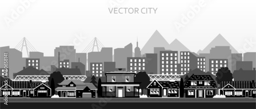 City view in black and white. Vector poster with suburban houses and skyscrapers.