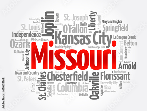 List of cities in Missouri USA state, word cloud concept background