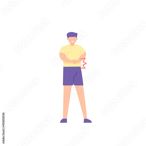 a man holds his stomach because he feels stomach pain after eating. effects of satiety, eating too much, flatulence. expression of a person in pain. flat style. vector design element