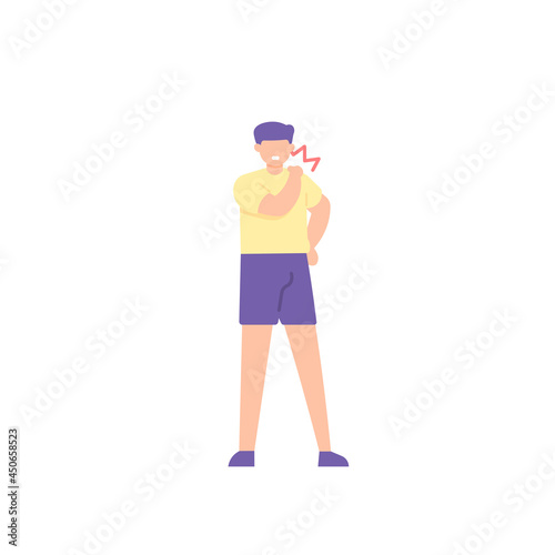 illustration of a man holding his neck because his neck feels stiff and sore. experiencing neck pain, muscle pain, osteoarthritis, pinched nerves, rheumatism, and fibromyalgia. flat style design