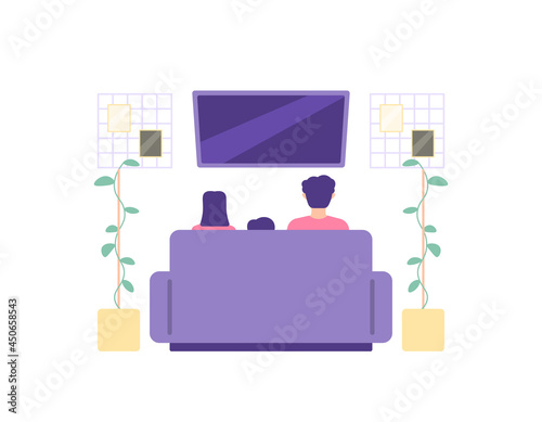 illustration of father, mother, and son sitting on the sofa while watching tv. family time, relax together, enjoy entertainment in the family room. family events. flat cartoon style. decoration