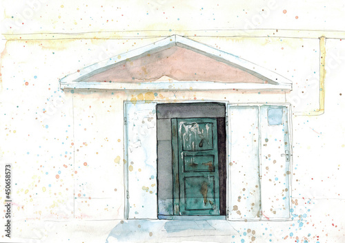 Watercolor hand drawn sketch architecture illustration of entrance to the staircase with a visor art