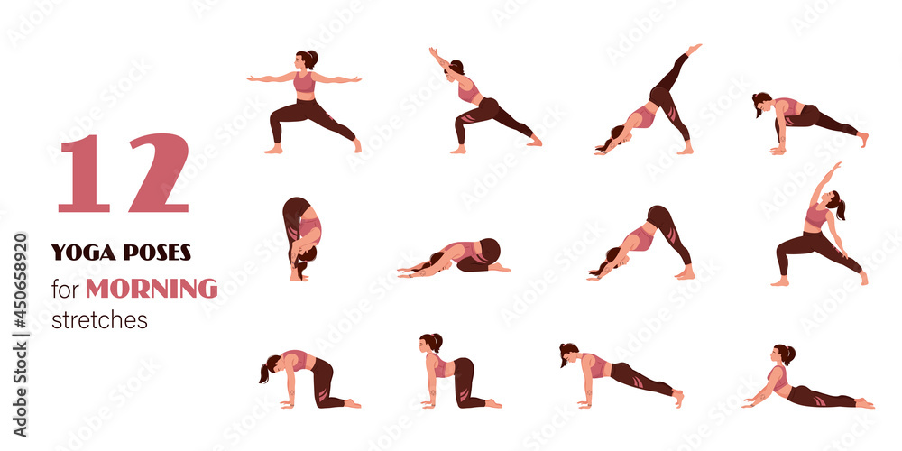Infographic 12 Yoga poses for workout at home. Morning stretches flat vector illustration. Woman exercising for body stretching. Concept of harmony, yoga posture or asana for fitness infographic. Infographic 12 Yoga poses for workout at home. Morning stretches flat vector illustration. Woman exercising for body stretching. Concept of harmony, yoga posture or asana for fitness infographic.