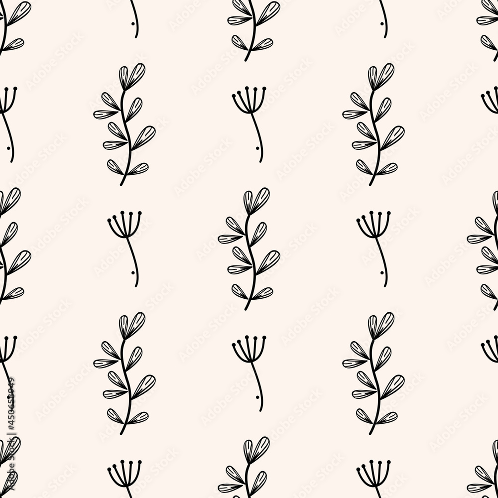 Vector floral pattern with leaves. Gentle beige and black simple floral background.