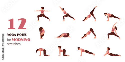 Infographic 12 Yoga poses for workout at home. Morning stretches flat vector illustration. Woman exercising for body stretching. Concept of harmony, yoga posture or asana for fitness infographic.