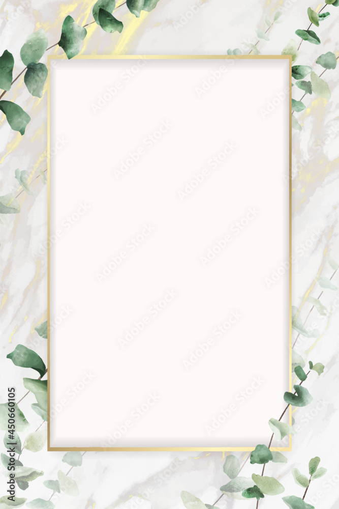 Hand drawn eucalyptus leaf with rectangle gold frame template vector