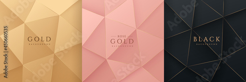 Set of abstract 3D luxury gradient golden, Pink gold and Black low polygonal modern design. Geometric triangle pattern collection. Can use for cover, poster, banner web, flyer, Print ad. Vector EPS10 photo