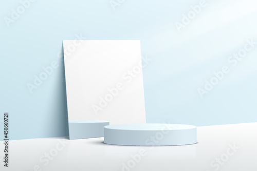 Abstract light blue 3D cylindrical pedestal podium with rectangular mirrors and illumination. Pastel blue minimalist wall scene for cosmetic product presentation. Vector geometry rendering platform.