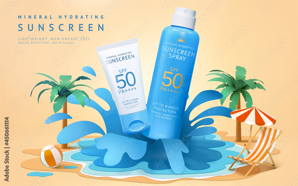 3d water resistant sunscreen ad - obrazy, fototapety, plakaty 