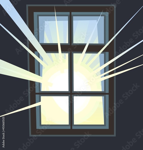 Window is rectangular. With window sill and wall fragments. Day and sun rays. Or night and Flashlight light. Cartoon style. Flat design. Vector
