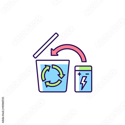 Battery recycling RGB color manual label icon. Phone charger disposal. Hazardous electronic waste. Isolated vector illustration. Simple filled line drawing for product use instructions