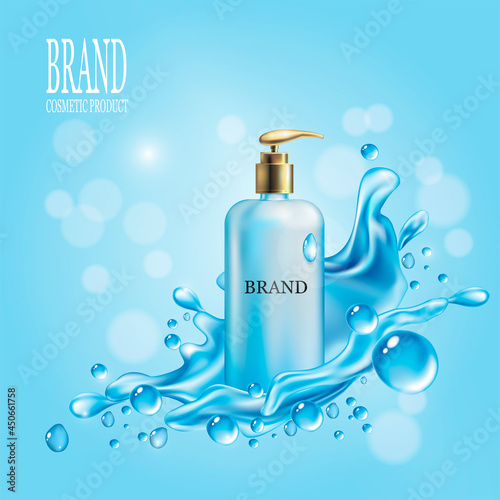 Vector illustration of a realistic cosmetic product on a blue background with water splashes.