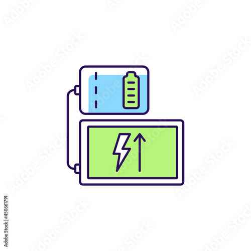 Powerbank for tablet RGB color manual label icon. Portable charger compatibility. Wireless charging. Isolated vector illustration. Simple filled line drawing for product use instructions