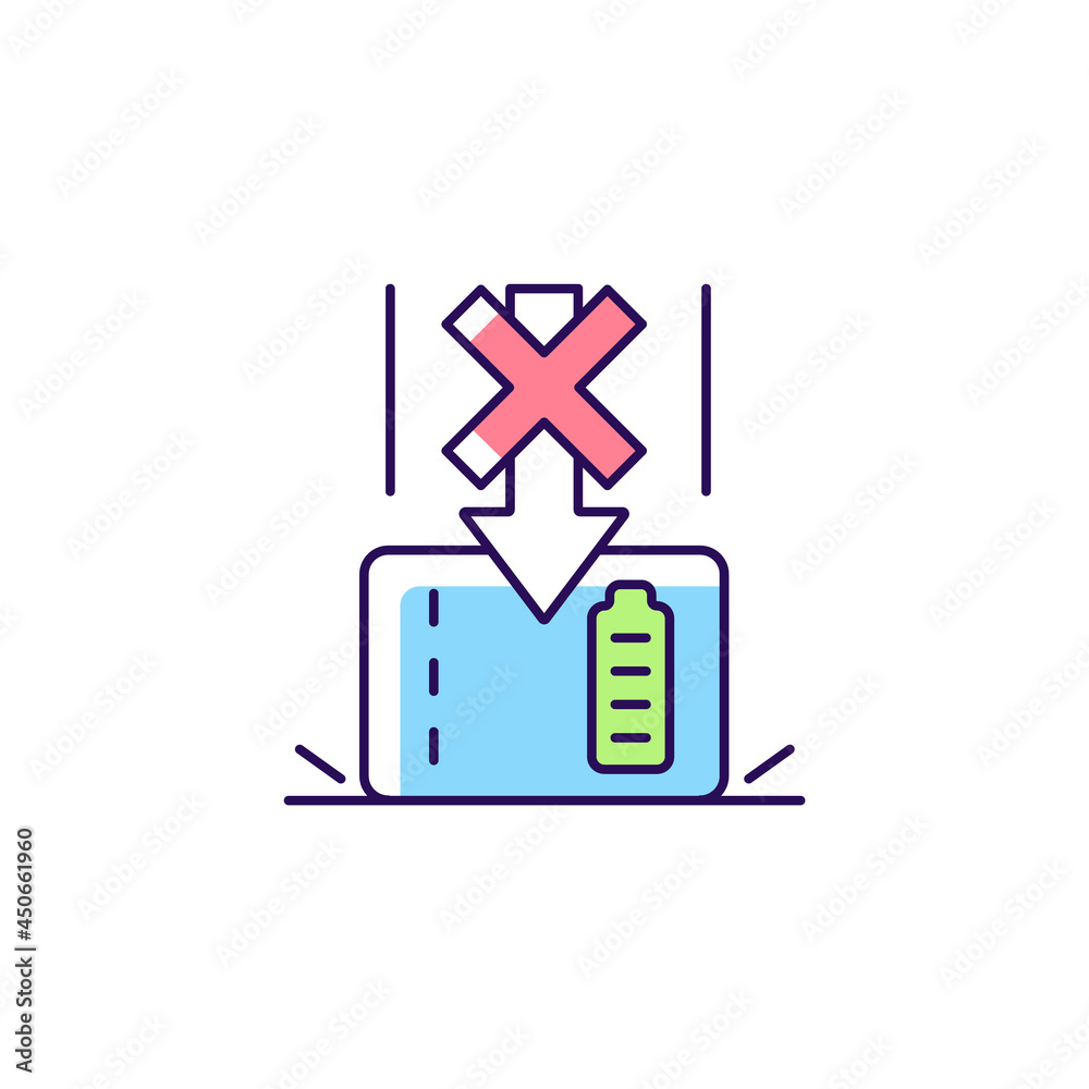 Dont drop powerbank RGB color manual label icon. Fragile components damage. Affecting internal circuitry. Isolated vector illustration. Simple filled line drawing for product use instructions Dont drop powerbank RGB color manual label icon. Fragile components damage. Affecting internal circuitry. Isolated vector illustration. Simple filled line drawing for product use instructions