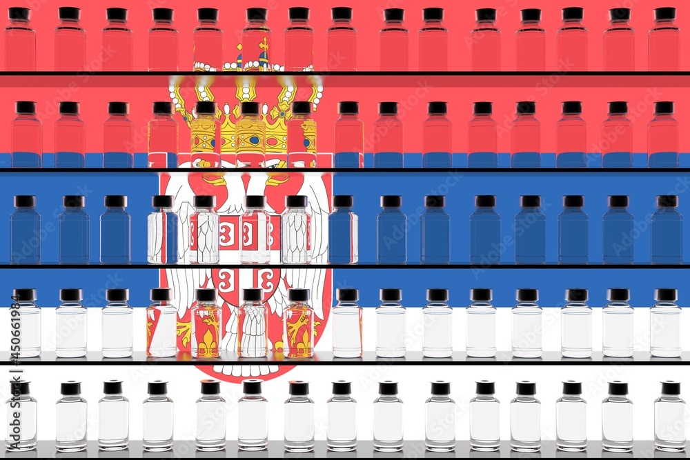 Flag of Serbia and multiple vaccine vials. Vaccination concept. 3D rendering Flag of Serbia and multiple vaccine vials. Vaccination concept. 3D rendering