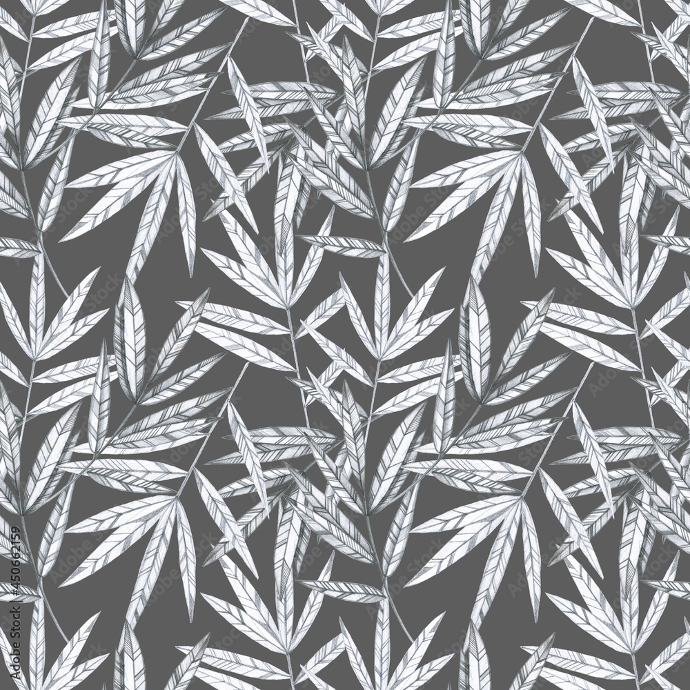 Hand dawing plants on a gray background. Simple pencil. Botanical seamless pattern. Design for textile, wallpaper