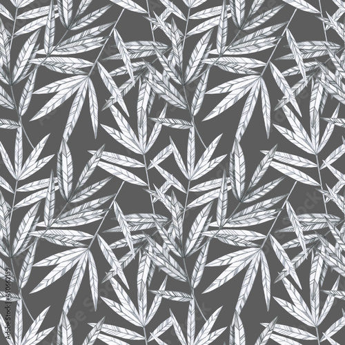 Hand dawing plants on a gray background. Simple pencil. Botanical seamless pattern. Design for textile, wallpaper