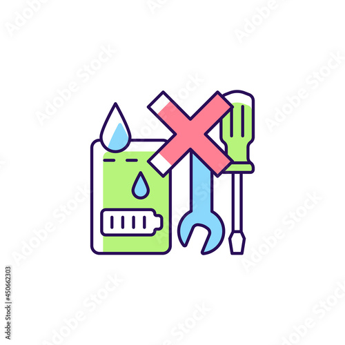 Not serviceable if exposed to liquids RGB color manual label icon. Swollen power bank. Short-circuiting risk. Isolated vector illustration. Simple filled line drawing for product use instructions