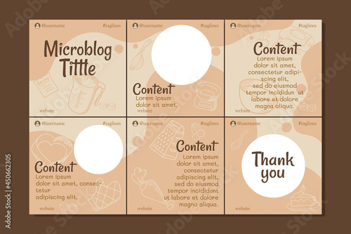Microblog carousel slides template for social media with hand drawn bakery elements, soft colors, for any business especially for bakery, cafe, restaurant, cakery, etc.