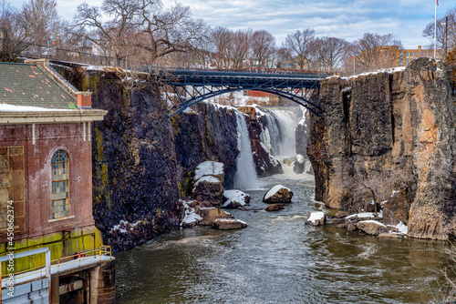 Winter view of The Great Falls of the Passaic River in Paterson, NJ , United States.