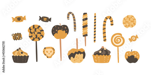 Halloween sweets. Cupcake, apple with caramel glaze, candy with eye or skull. Lollipops, cookies with chocolate chips. Party treats, vector stickers, holiday decor.