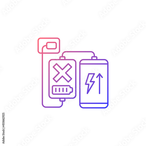 Charging, discharging powerbank gradient linear vector manual label icon. Heat build-up. Thin line color symbol. Modern style pictogram. Vector isolated outline drawing for product use instructions