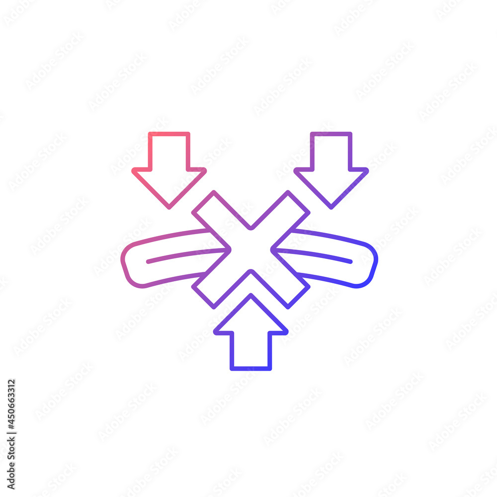 Fototapeta premium Dont bend powerbank gradient linear vector manual label icon. Cracked external shell. Thin line color symbol. Modern style pictogram. Vector isolated outline drawing for product use instructions