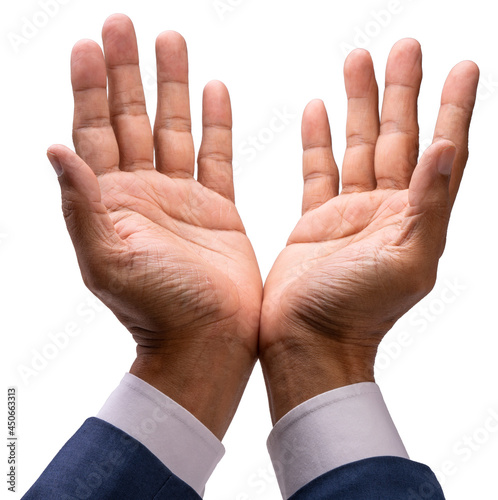 Businessman use cupped hands to receive something isolated on a white background, Businessman hand isolated on a white background With clipping path.