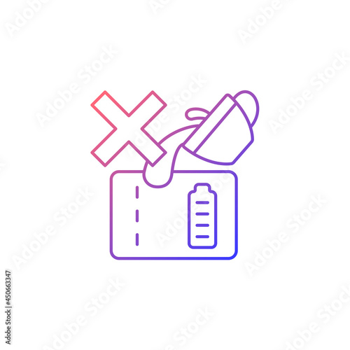 Dont spill on powerbank gradient linear vector manual label icon. Mishandling use. Thin line color symbol. Modern style pictogram. Vector isolated outline drawing for product use instructions