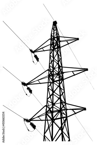 Black silhouette of High Voltage pole with wires insulated on white background. Industry. Vector illustration.  