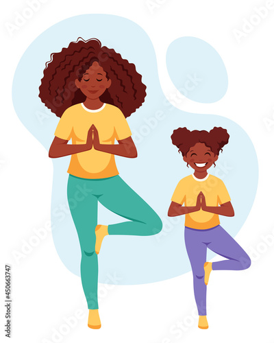 Black woman doing yoga with daughter in cozy interior. Family spending time together. Vector illustration